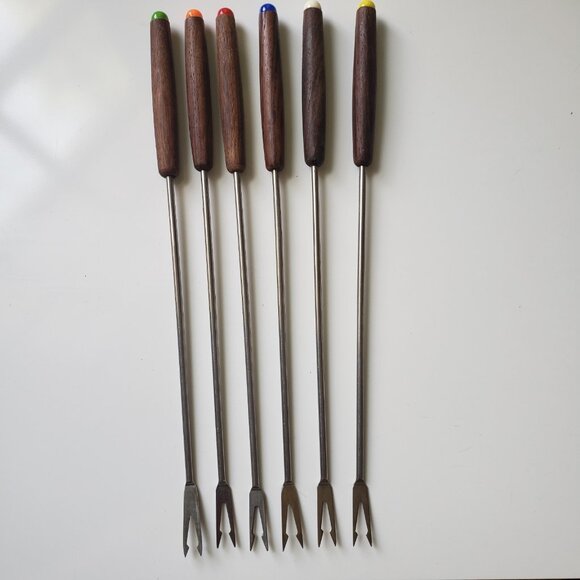 Set of 6 Vintage Fondue Forks MCM Japan Wooden Handles Stainless Steel - Picture 3 of 8